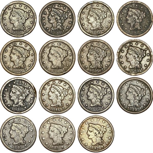 1842-1856 Braided Hair Large Cent Lot [15 Coins] HIGH GRADE