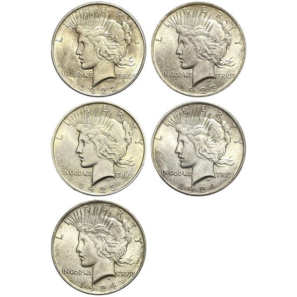 1922-1924 UNC Silver Peace Dollar Lot [5 Coins]