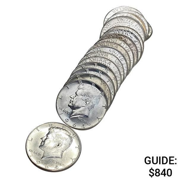 1964 GEM BU Kennedy Half Dollar Roll [20 Coins]