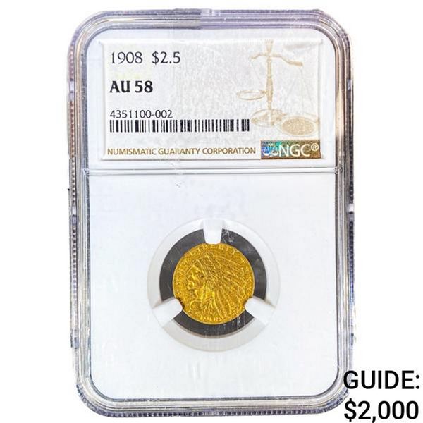 1908 $2.50 Gold Quarter Eagle NGC AU58