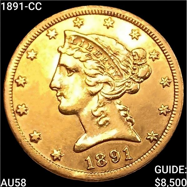 1891-CC $5 Gold Half Eagle CHOICE AU