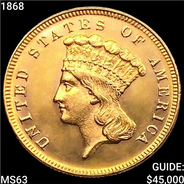 1868 $3 Gold Piece CHOICE BU