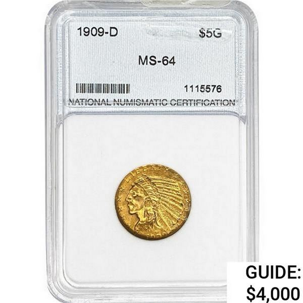1909-D $5 Gold Half Eagle NNC MS64