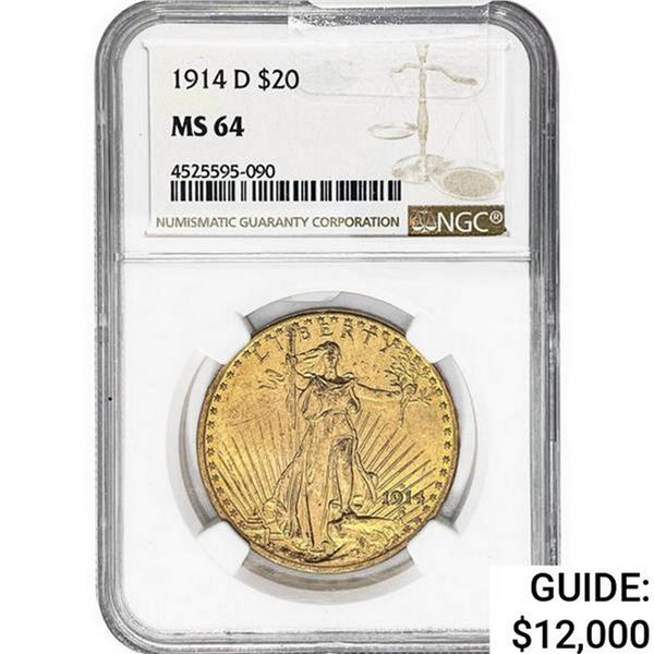 1914-D $20 Gold Double Eagle NGC MS64