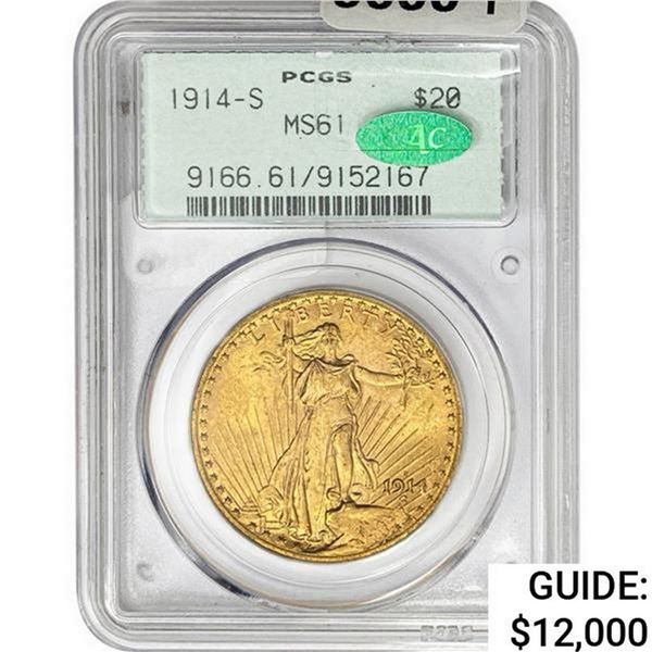 1914-S CAC $20 Gold Double Eagle PCGS MS61