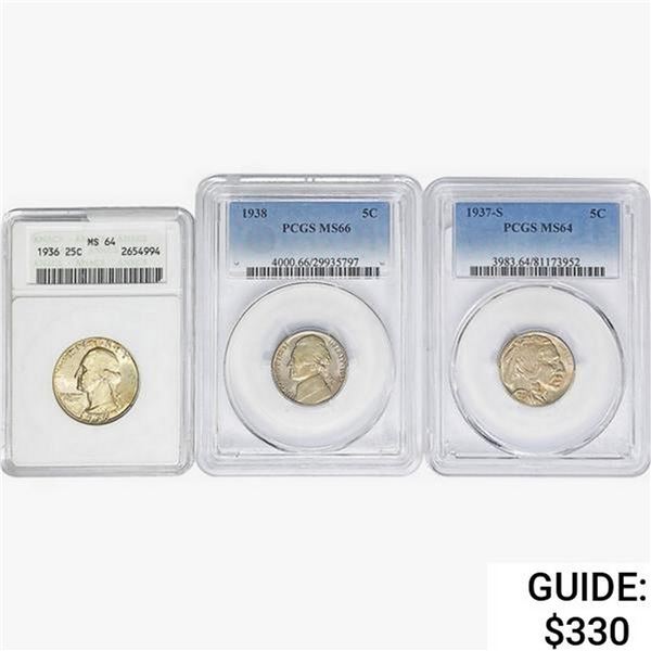[3] 1936-1938 2 5C, 1 25C ANACS/PCGS MS64/66