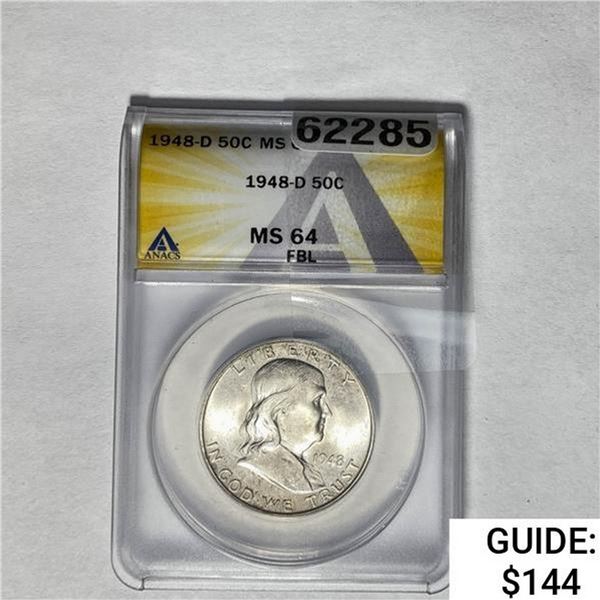 1948-D Franklin Half Dollar ANACS MS64 FBL