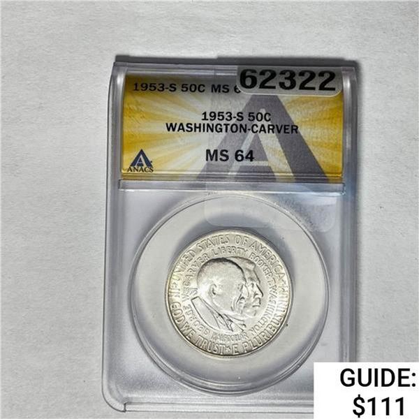 1953-S Booker T Half Dollar ANACS MS64