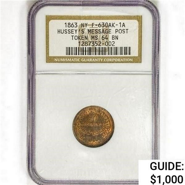 1863 NY Token F-630AK-1A NGC MS64 BN
