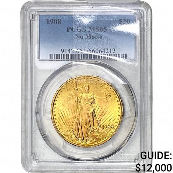 1908 $20 Gold Double Eagle PCGS MS65+ No Motto