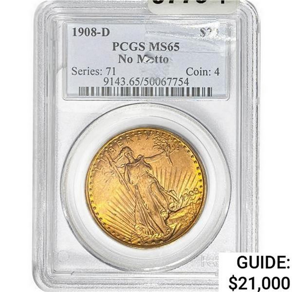 1908-D $20 Gold Double Eagle PCGS MS65 NO MOTTO