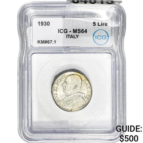 1930 Italy Pius XI Silver 5 Lire ICG MS64