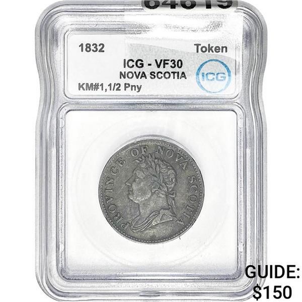 1832 Nova Scotia KM#1 1/2 Pny Token ICG VF30