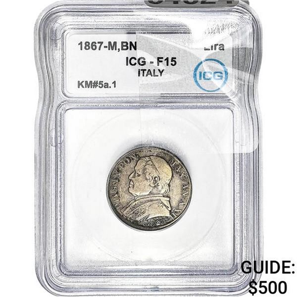 1867-M Italian Pius IX Silver 1 Lira ICG F15 BN