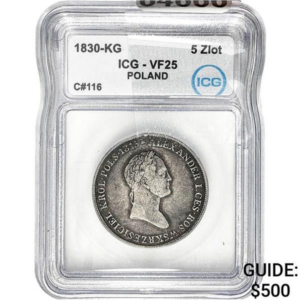 1830-KG Poland Alexander I Silver 5 Zlot ICG VF25