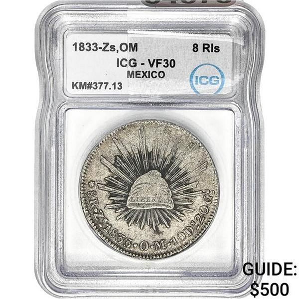 1833Zs OM Mexico Silver 8 Reales ICG VF30