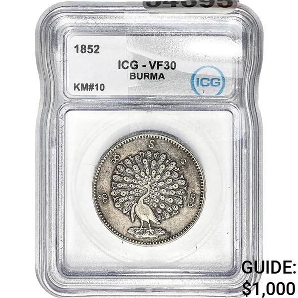 1852 Burma Myanmar Silver Kyat ICG VF30