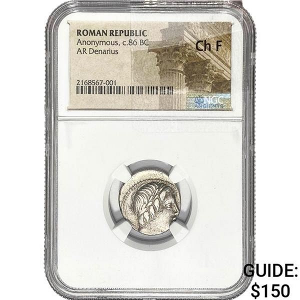 86 BC Roman Anonymous Silver Denarius NGC CHF