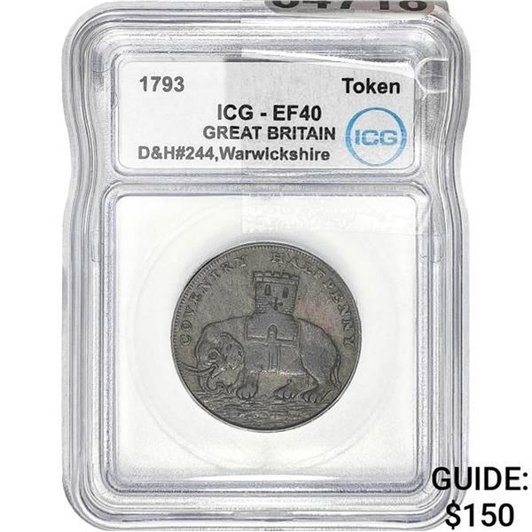 1793 Gr Britain Warwickshire Half Penny Token ICG EF40
