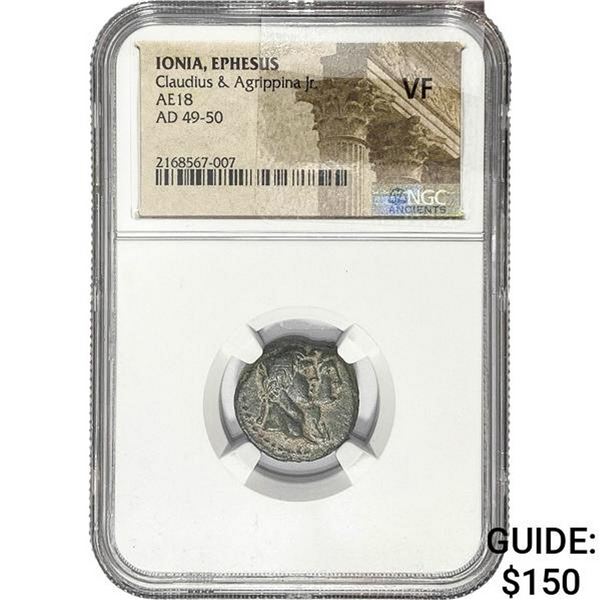 49-50 AD Ionia Ephesus Claudius & Agrippina Jr Bronze 18 NGC VF