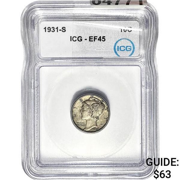 1931-S Mercury Silver Dime ICG EF45