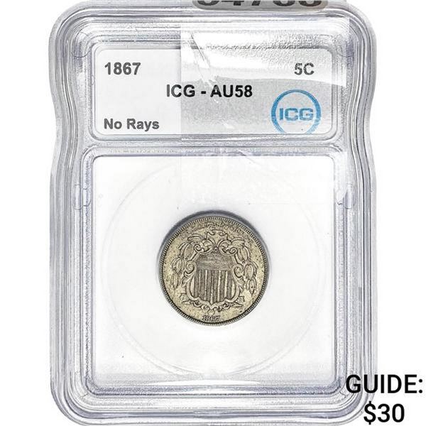 1867 Shield Nickel ICG AU58