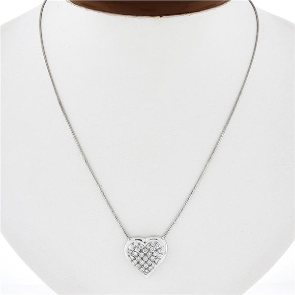 14k White Gold 0.50 ctw Pave Diamond Heart w/ Polished Frame Pendant 18 Necklace