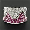 Image 2 : Italian 14k White Gold Pink Sapphire & Diamond Wavy Design Wide Cigar Band Ring