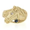 Image 4 : Estate 14K Yellow Gold Detailed Horse Head Band Ring w/ 0.10 Diamond & Sapphire