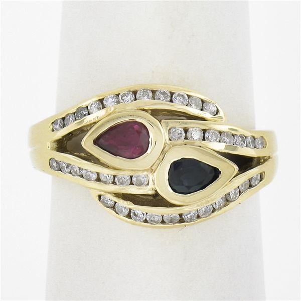 14K Yellow Gold 0.96 ctw Ruby, Sapphire & Diamonds Moi Et Toi Bypass Band Ring