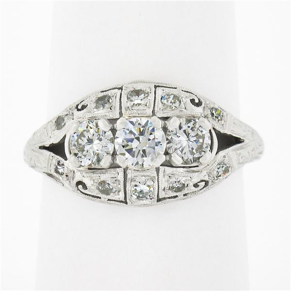 Antique Art Deco Platinum 0.81 ctw Old Cut Diamond Detailed Etched Domed Band Ri