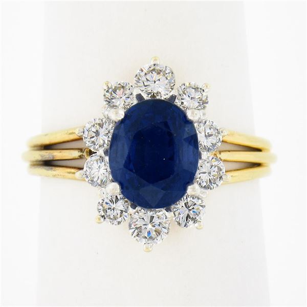 18K Gold 2.95 ctw GIA Burma No Heat Oval Blue Sapphire Diamond Halo Cocktail Rin