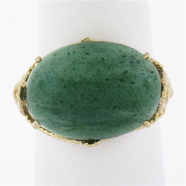Vintage 14K Gold Oval Cabochon Cut Green Stone Twisted Wire Open Work Band Ring