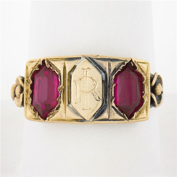 Antique Victorian 18K Rosy Yellow Gold Lozenge Kite Red Stone Signet Band Ring