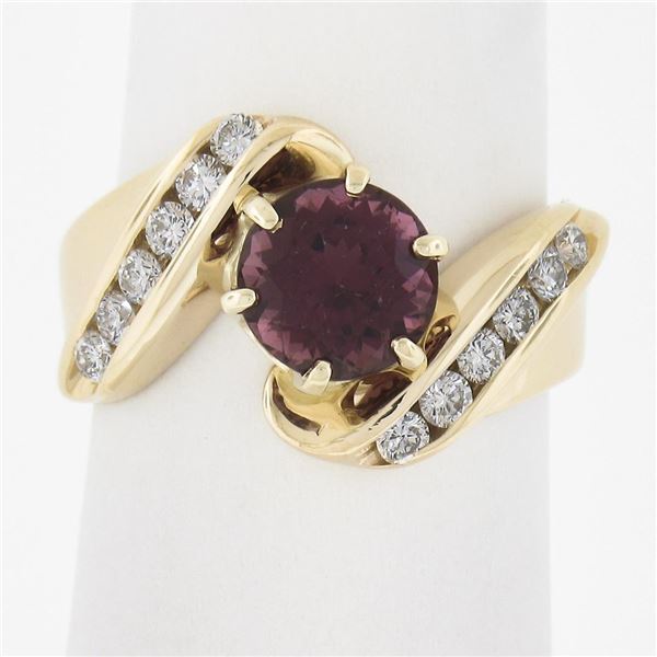 14k Gold Round Pink Tourmaline w/ 0.30 ctw Diamond Channel Accents Bypass Ring