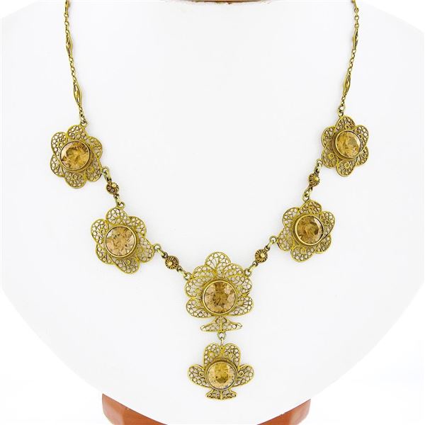 Antique 14K Gold 21.40 ctw GIA Brownish Yellow Zircon Open Filigree Work Necklac