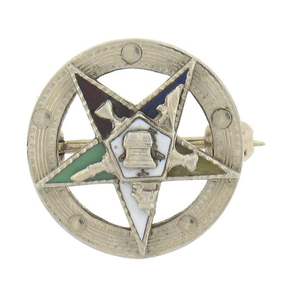 Antique Art Deco 14k White Gold Multi Colors Enamel Work Star Masonic Pin Brooch