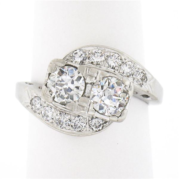 Vintage Platinum 1.66 ctw Old European Cut Dual Diamond Bypass Ring w/ Accents