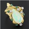 Image 3 : Vintage 18k Gold GIA Pear Cabochon Opal w/ Diamond & Emerald Bark Textured Ring