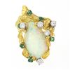 Image 5 : Vintage 18k Gold GIA Pear Cabochon Opal w/ Diamond & Emerald Bark Textured Ring