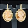 Image 2 : Vintage 14k Gold Oval Carved Shell Cameo w/ Wavy Wire Frame Drop Dangle Earrings