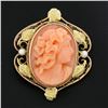 Image 2 : Antique Art Nouveau 10k Gold Carved Coral Cameo w/ Leaf Frame Pin Brooch Pendant