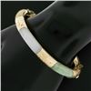Image 2 : Vintage 14k Gold Multicolor Curved Rounded Jade Engraved Hinged Bangle Bracelet