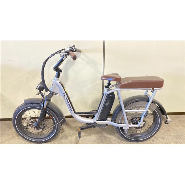 RAD POWER BIKES RAD RUNNER 7 SPEED SILVER ELECTRIC BIKE WITH PASSENGER SEAT ATTACHMENT