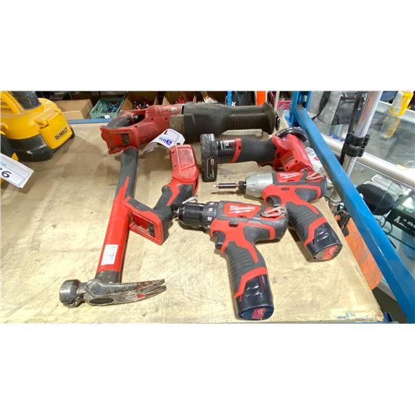 MILWAUKEE CORDLESS SAWZALL, GRINDER, IMPACT DRILL, STICK LIGHT, DRILL, 3 BATTERIES & HAMMER * NO