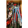 Image 2 : BOX OF ASSORTED TOOLS, BOLT CUTTERS, TORCH, WIRE CUTTERS & MORE