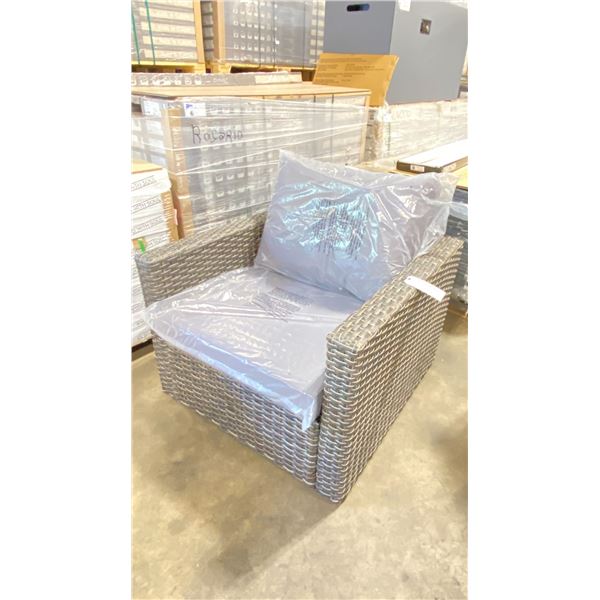 PATIOFLARE WHITNEY PF10017 GREY PLASTIC RATTAN OUTDOOR PATIO ARM CHAIR WITH GREY CUSHIONS