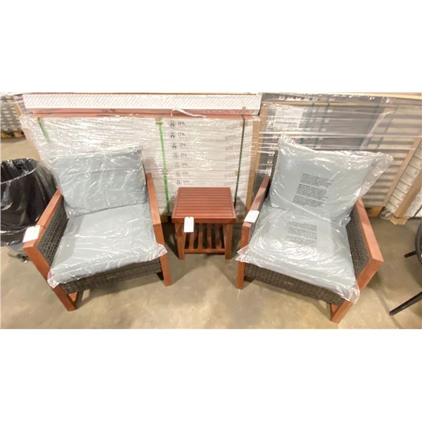 PATIOFLARE COLTON WOOD / PLASTIC RATTAN 3PCS OUTDOOR PATIO CHAT SET WITH GREY CUSHIONS INCLUDING: