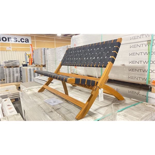 PATIOFLARE PF10014 TEAK FRAMED BLACK MESH FOLDING 2 SEAT OUTDOOR PATIO BENCH *IN BOX*