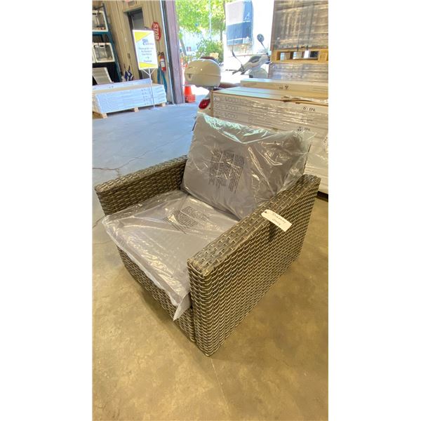 PATIOFLARE WHITNEY PF10017 GREY PLASTIC RATTAN OUTDOOR PATIO ARM CHAIR WITH GREY CUSHIONS